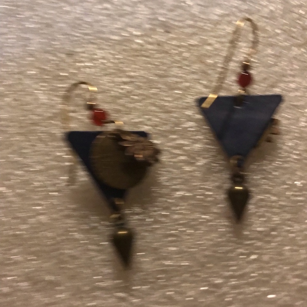 Navy Triangle Drop Earrings with Red Accent